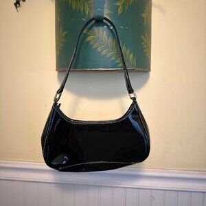 Black Patent Leather Shoulder Bag By Urban Outfitters With White Stitching